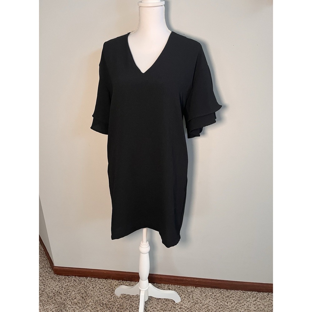 Women's Lush Black V-Neck Mini Dress With Layered Sleeves Size Small‎
